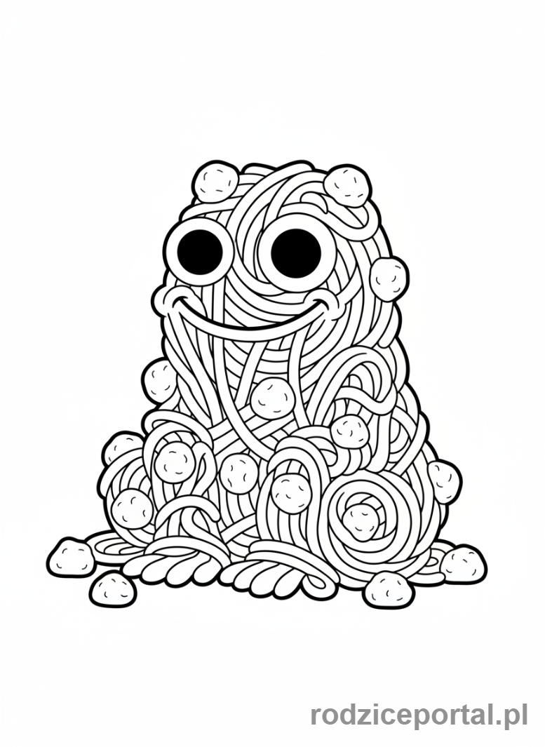 Kolorowanka Brainrot Italiano - Potwór ze spaghetti z klopsikami i oczami.