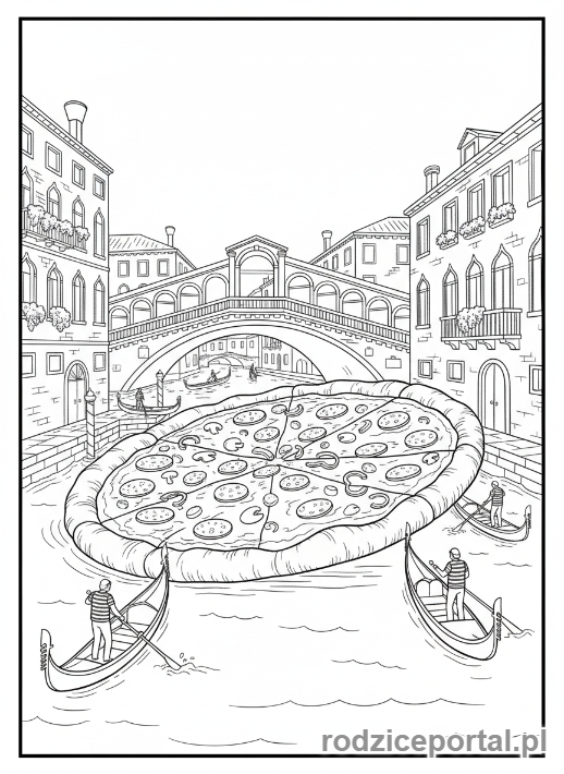 Kolorowanka Brainrot Italiano - Pływająca pizza w kanałach Wenecji z miniaturowymi gondolami