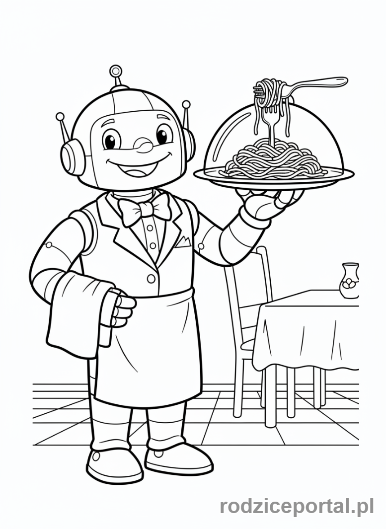 Kolorowanka Brainrot Italiano - Robot w stroju kelnera podający spaghetti