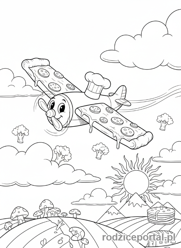Kolorowanka Brainrot Italiano - Samolot lecący z pizzą zamiast skrzydeł