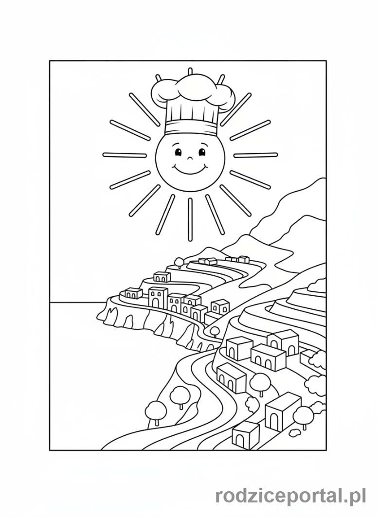 Kolorowanka Brainrot Italiano - Słońce w czapce kucharskiej nad stylizowanym wybrzeżem Amalfi.