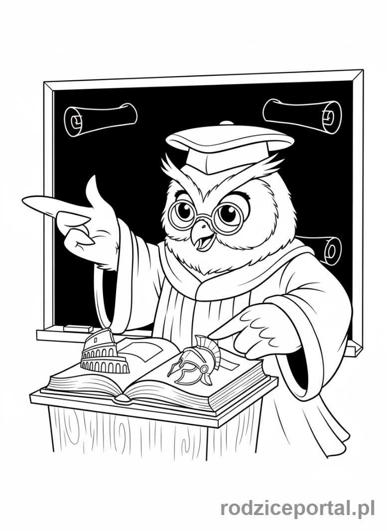 Kolorowanka Brainrot Italiano - Sowa-profesor ucząca historię Rzymu z książki