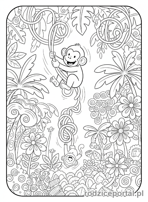 Kolorowanka Brainrot Italiano - Spaghetti jako liana, po której zjeżdża małpka