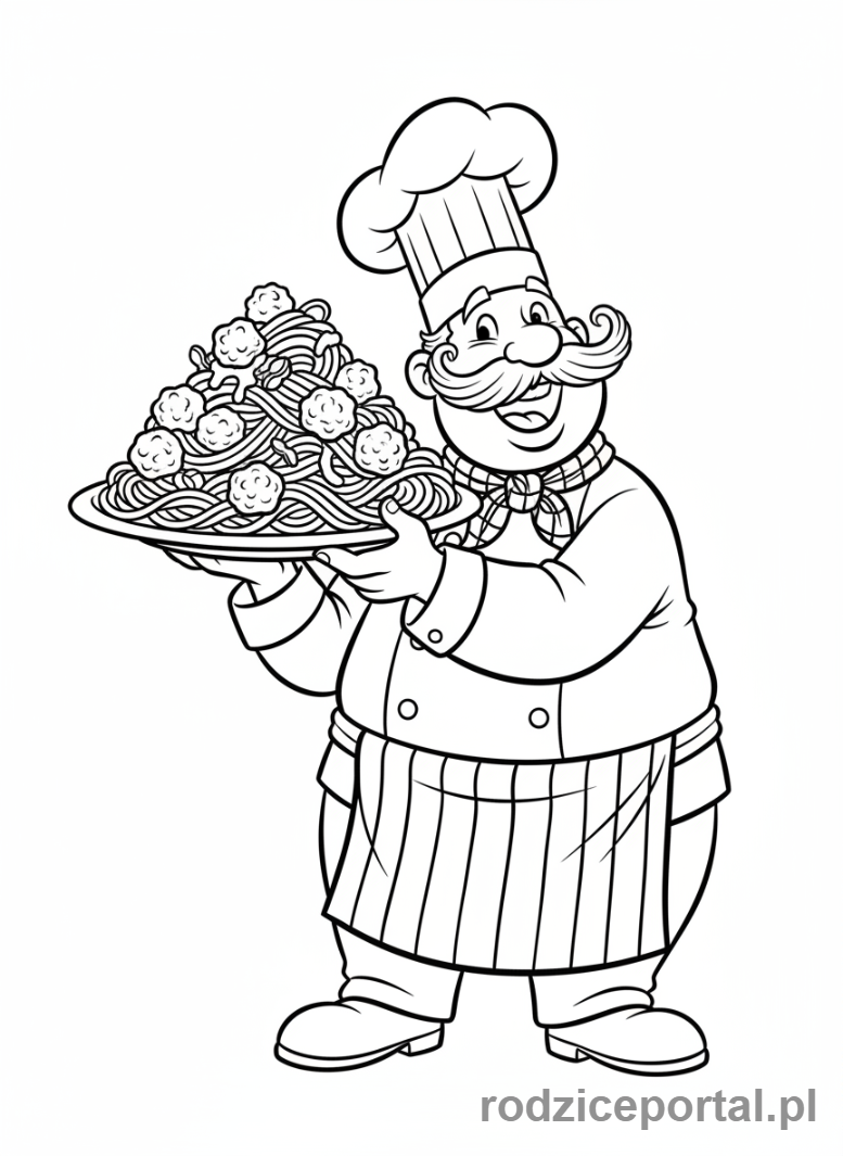 Kolorowanka Brainrot Italiano - Szalony włoski kucharz z wielkim talerzem spaghetti.