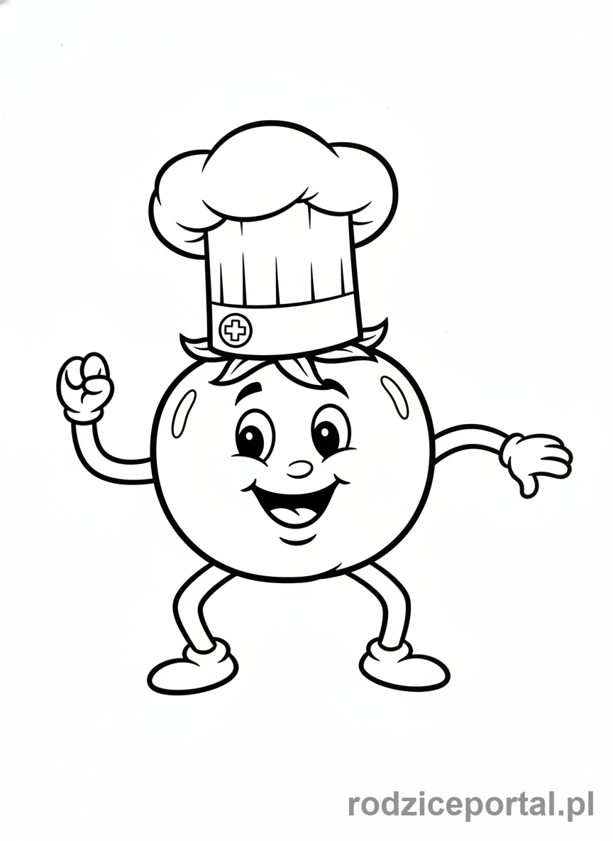 Kolorowanka Brainrot Italiano - Szczęśliwy pomidor w kapeluszu szefa kuchni, tańczący salsę