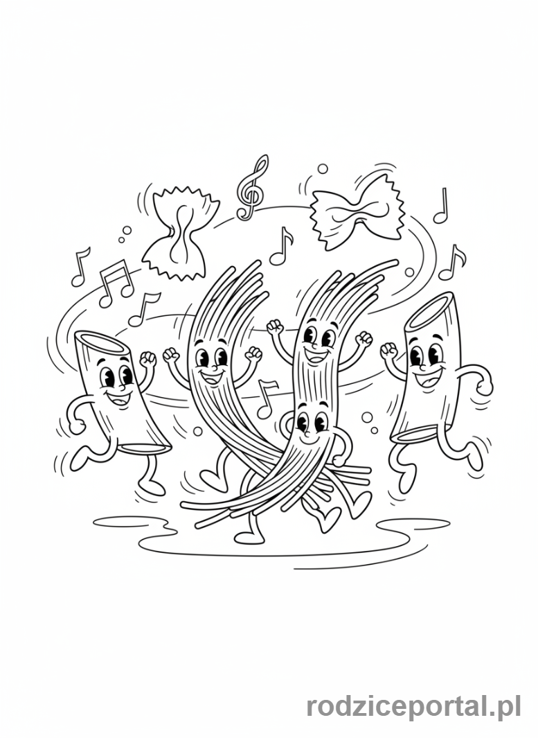 Kolorowanka Brainrot Italiano - Tańczące makarony z twarzami w kształcie różnych figurek