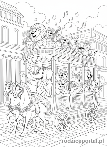 Kolorowanka Brainrot Italiano - Tramwaj w Rzymie pełen śpiewających zwierząt