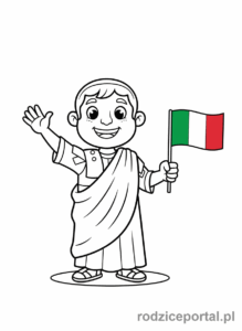 Kolorowanka Brainrot Italiano - Uśmiechnięty starożytny Rzymianin z mini flagą Włoch.