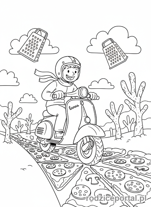 Kolorowanka Brainrot Italiano - Wesoła Vespa jadąca po drodze z kawałków pizzy.