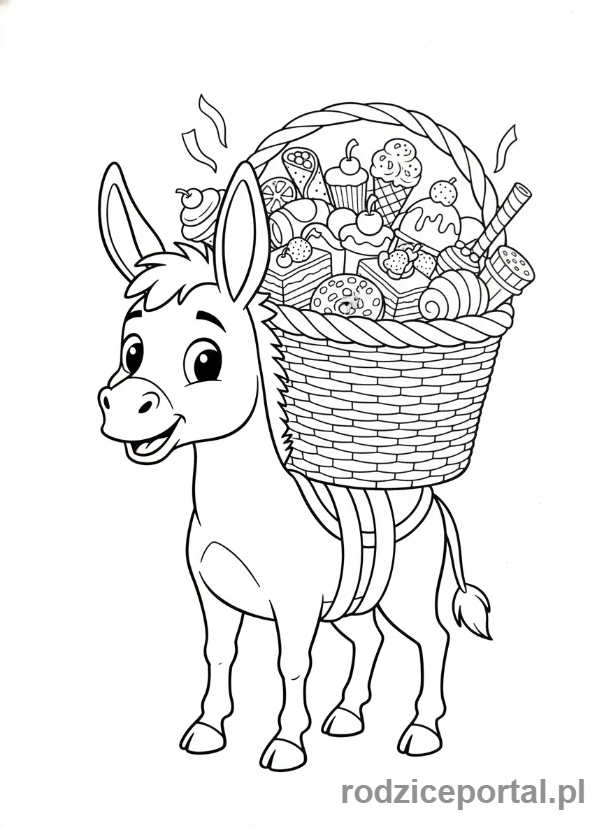 Kolorowanka Brainrot Italiano - Wesoły osiołek niosący kosz pełen włoskich słodyczy