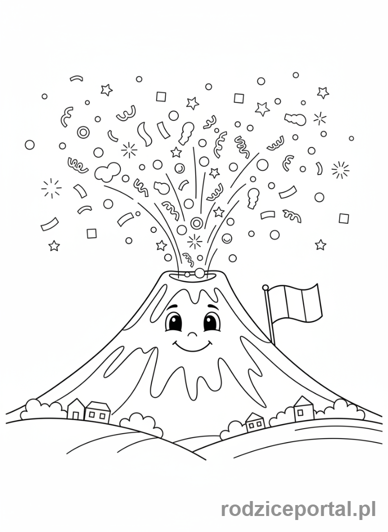 Kolorowanka Brainrot Italiano - Wulkan, który wyrzuca konfetti zamiast lawy.