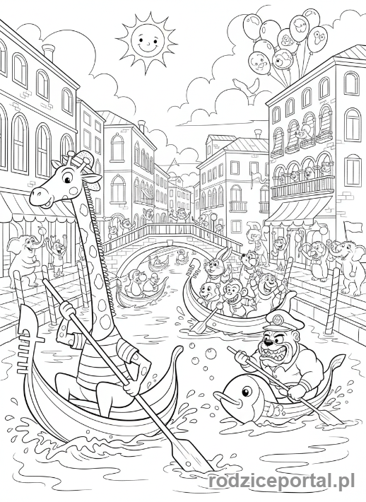 Kolorowanka Brainrot Italiano - Wyścig gondoli z dziwnymi zwierzętami w Wenecji