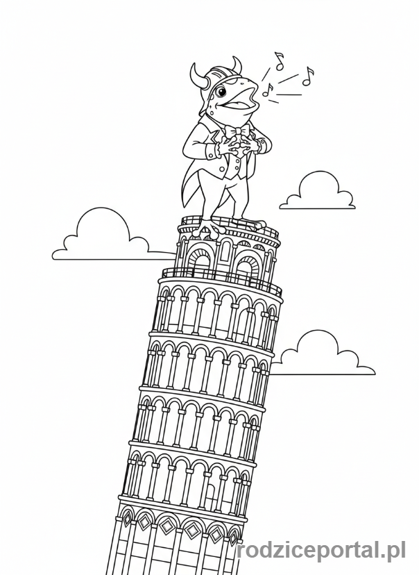 Kolorowanka Brainrot Italiano - Żaba śpiewająca operę na szczycie Pizy