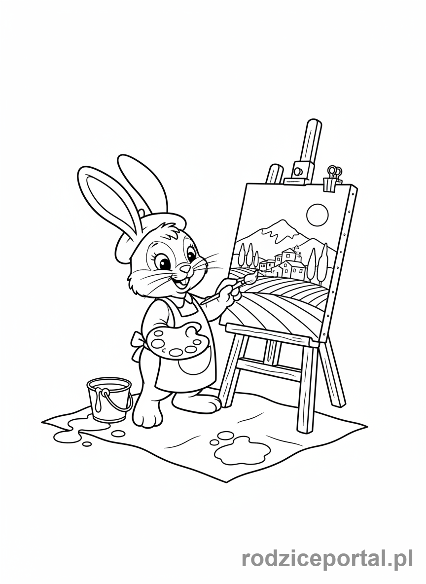 Kolorowanka Brainrot Italiano - Zajączek z długimi uszami, malujący włoski krajobraz