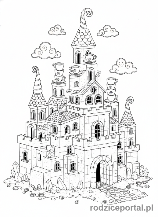 Kolorowanka Brainrot Italiano - Zamek zrobiony z kostek cukru i filiżanek espresso