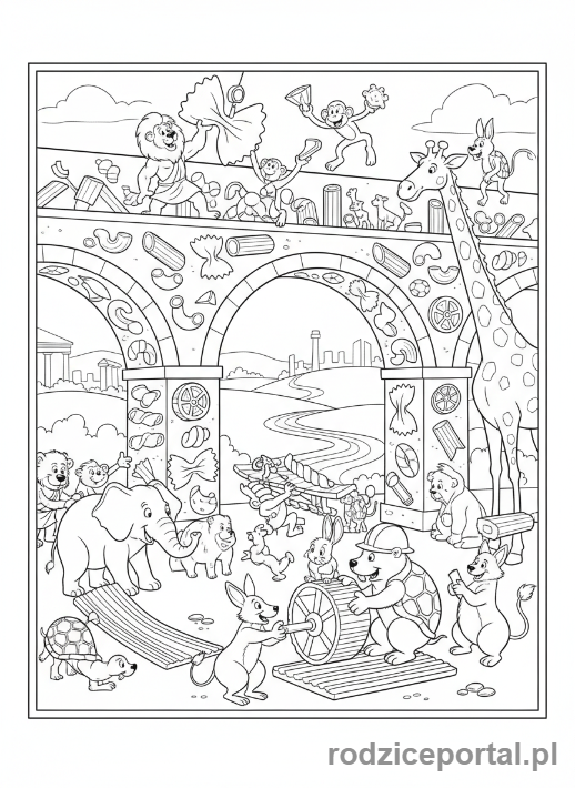 Kolorowanka Brainrot Italiano - Zwierzęta budujące rzymski akwedukt z makaronu