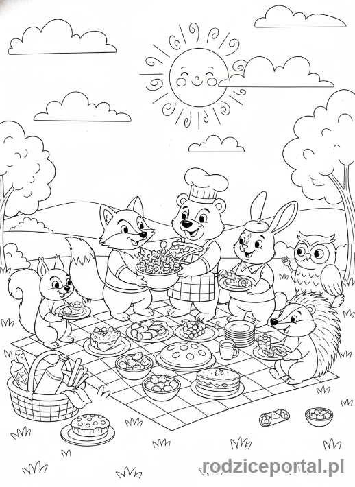 Kolorowanka Brainrot Italiano - Zwierzęta na pikniku z włoskimi potrawami