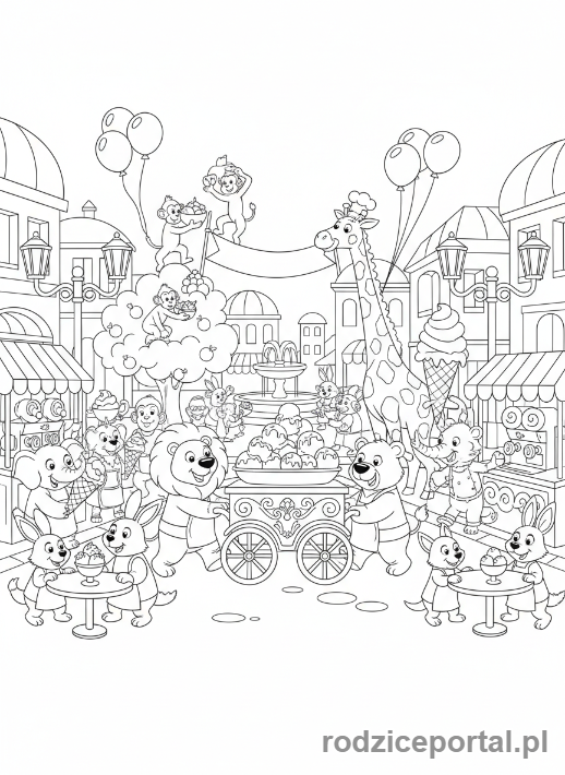 Kolorowanka Brainrot Italiano - Zwierzęta organizujące festiwal lodów na placu