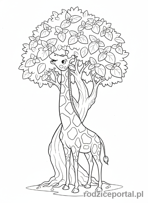 Kolorowanka Brainrot Italiano - Żyrafa jedząca liście bazylii z wielkiego drzewa