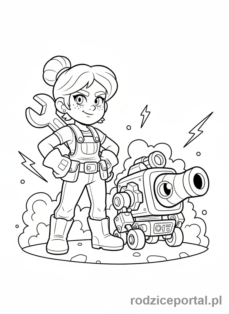 Kolorowanka Brawl Stars - Jessie i jej wieżyczka Scrappy