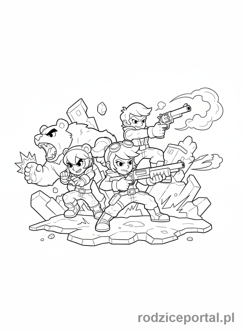 Kolorowanka Brawl Stars - Trzech Zadymiarzy w akcji