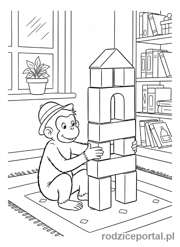 Kolorowanka Ciekawski George - Ciekawski George budujący z klocków.