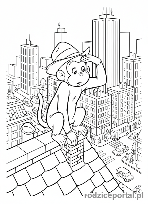 Kolorowanka Ciekawski George - Ciekawski George odkrywający miasto.