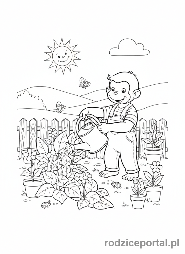Kolorowanka Ciekawski George - Ciekawski George pomaga w ogrodzie