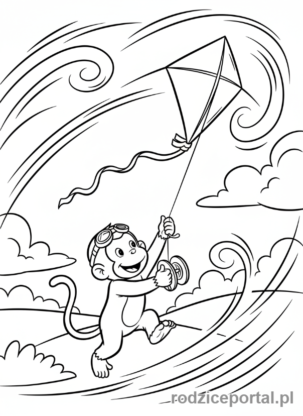 Kolorowanka Ciekawski George - Ciekawski George puszczający latawiec.