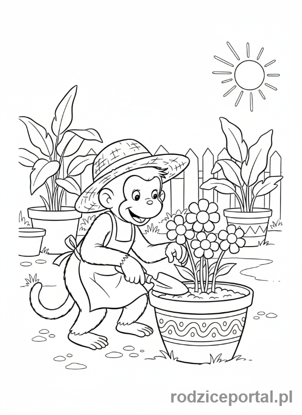 Kolorowanka Ciekawski George - Ciekawski George sadzi kwiaty