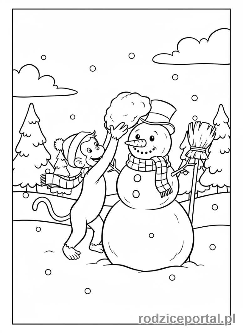 Kolorowanka Ciekawski George - Ciekawski George z bałwanem