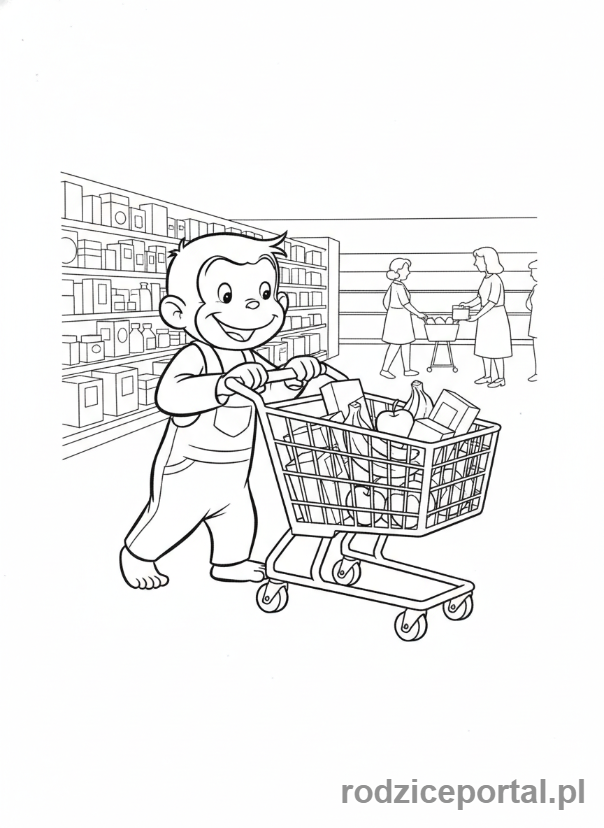 Kolorowanka Ciekawski George - Ciekawski George z wózkiem na zakupy