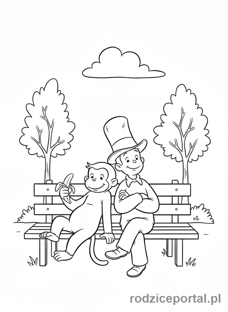 Kolorowanka Ciekawski George - George i człowiek w żółtym kapeluszu na ławce