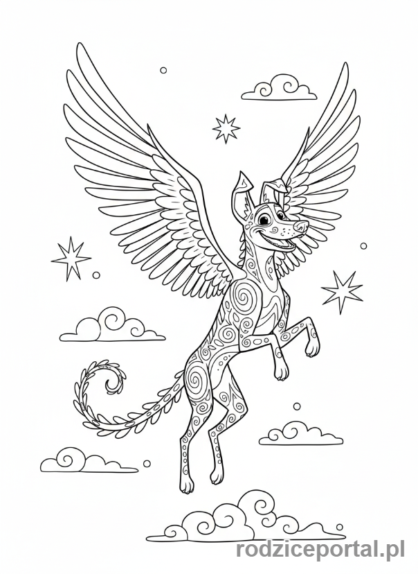 Kolorowanka Coco - Dante przekształcony w alebrije, szybujący w powietrzu