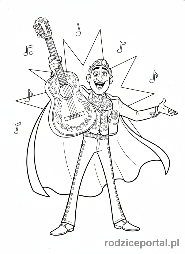 Kolorowanka Coco - Ernesto de la Cruz pozujący dramatycznie ze swoją gitarą