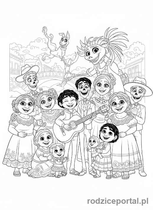 Kolorowanka Coco - Grupa rodziny Rivera, żyjących i zmarłych, razem