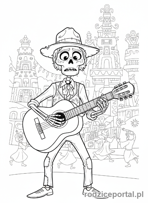 Kolorowanka Coco - Hector grający na gitarze z nutką melancholii w Krainie Umarłych