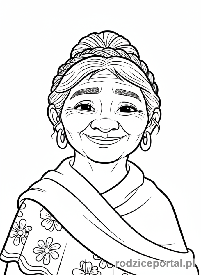 Kolorowanka Coco - Mama Coco uśmiechająca się łagodnie, zbliżenie
