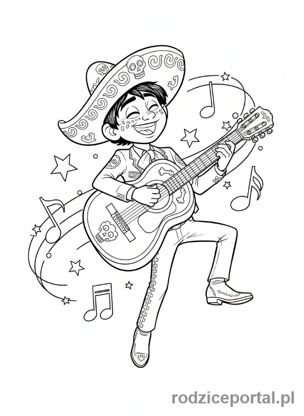 Kolorowanka Coco - Miguel grający na gitarze z radosnym wyrazem twarzy