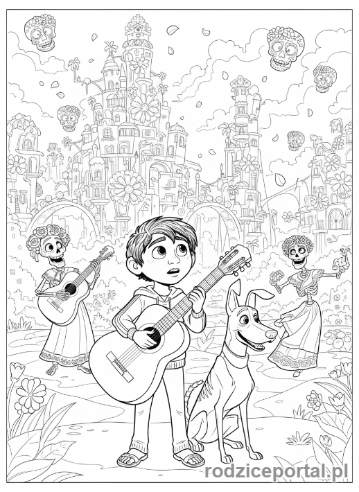 Kolorowanka Coco - Miguel i Dante eksplorujący Krainę Umarłych, pełni ciekawości