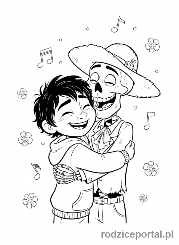 Kolorowanka Coco - Miguel i Hector obejmujący się, widać ich serdeczną więź