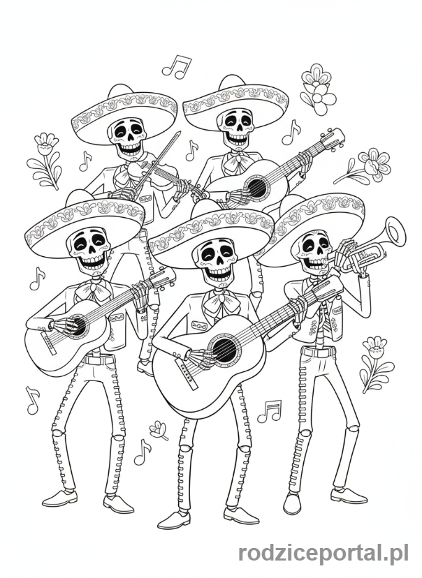 Kolorowanka Coco - Muzycy mariachi z Krainy Umarłych, grający radosną muzykę