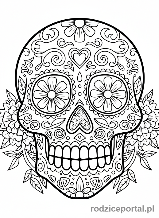Kolorowanka Coco - Projekt czaszki cukrowej ozdobionej kwiatami nagietka