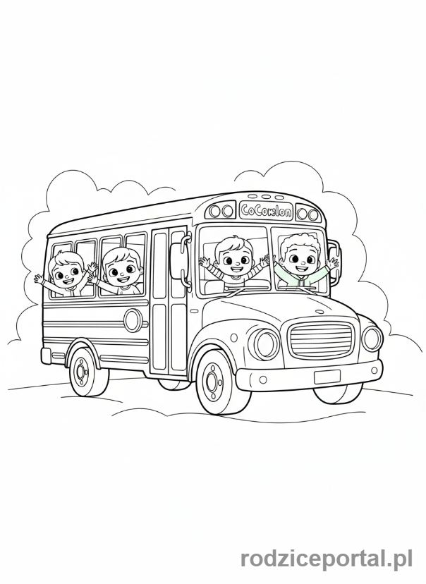 Kolorowanka Cocomelon - Autobus szkolny z postaciami Cocomelon.