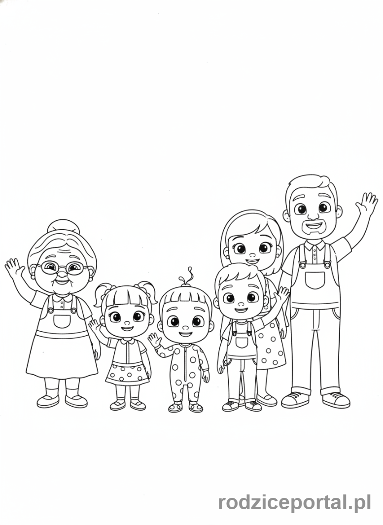 Kolorowanka Cocomelon - Cała rodzina Cocomelon machająca na pożegnanie