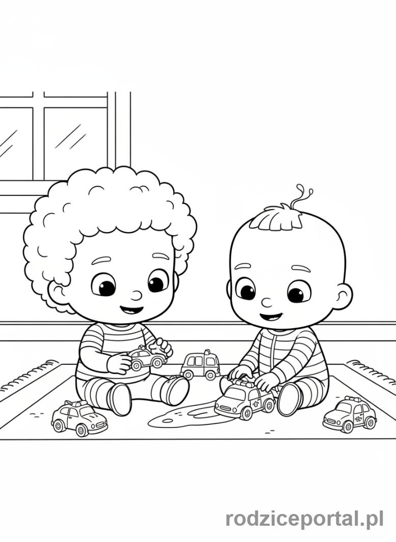 Kolorowanka Cocomelon - Cody i JJ bawiący się samochodzikami.