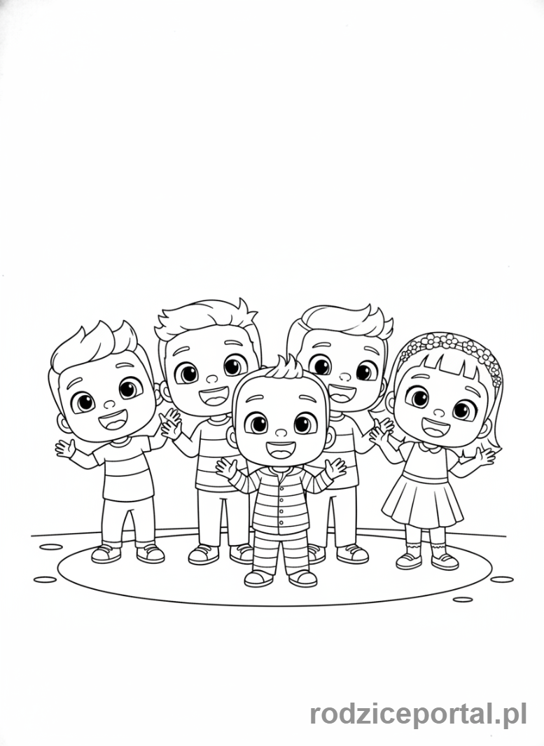 Kolorowanka Cocomelon - Grupa przyjaciół Cocomelon śpiewająca.