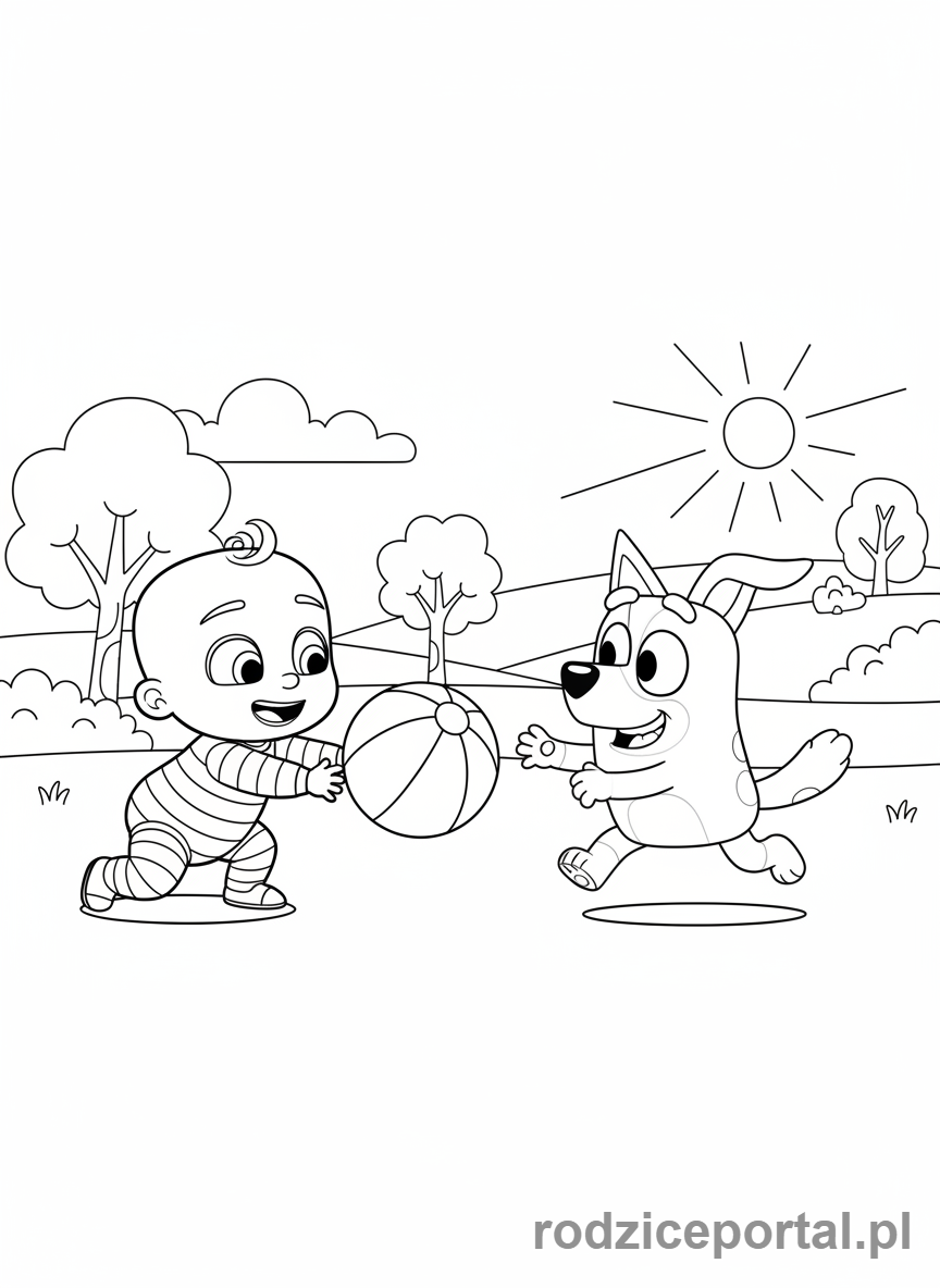 Kolorowanka Cocomelon - JJ i Bingo (piesek), bawiący się