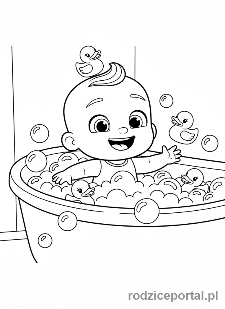 Kolorowanka Cocomelon - JJ kąpiący się w wannie z zabawkami.