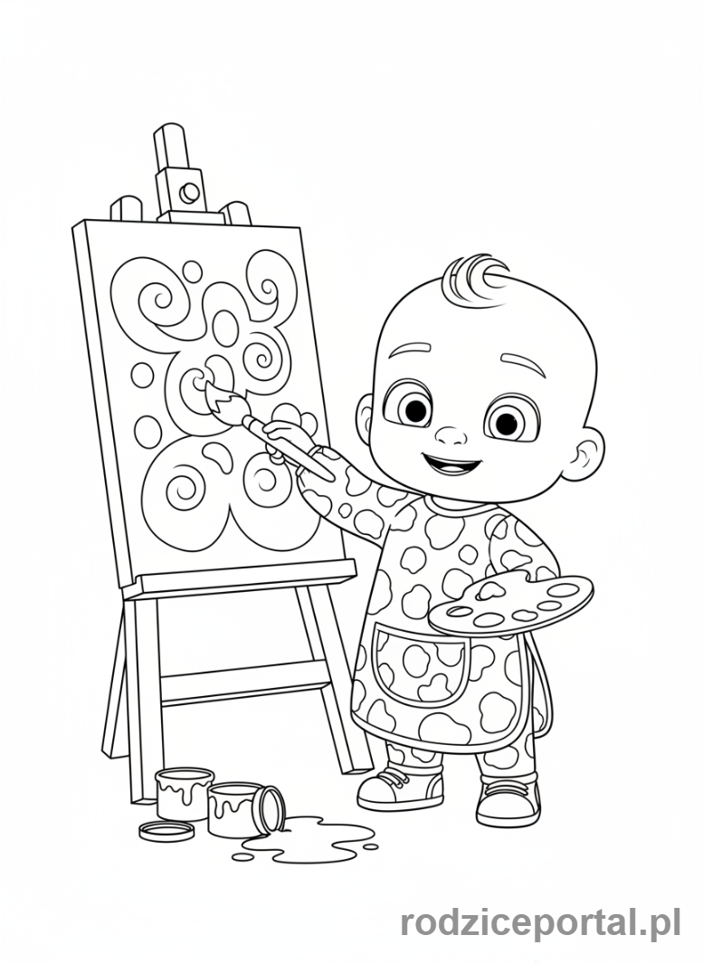 Kolorowanka Cocomelon - JJ malujący obrazek, przy sztaludze